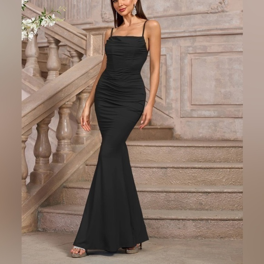 Parthea Solid Ruched Bodycon Formal Dress Black Floor Length Black Tie Womens XL